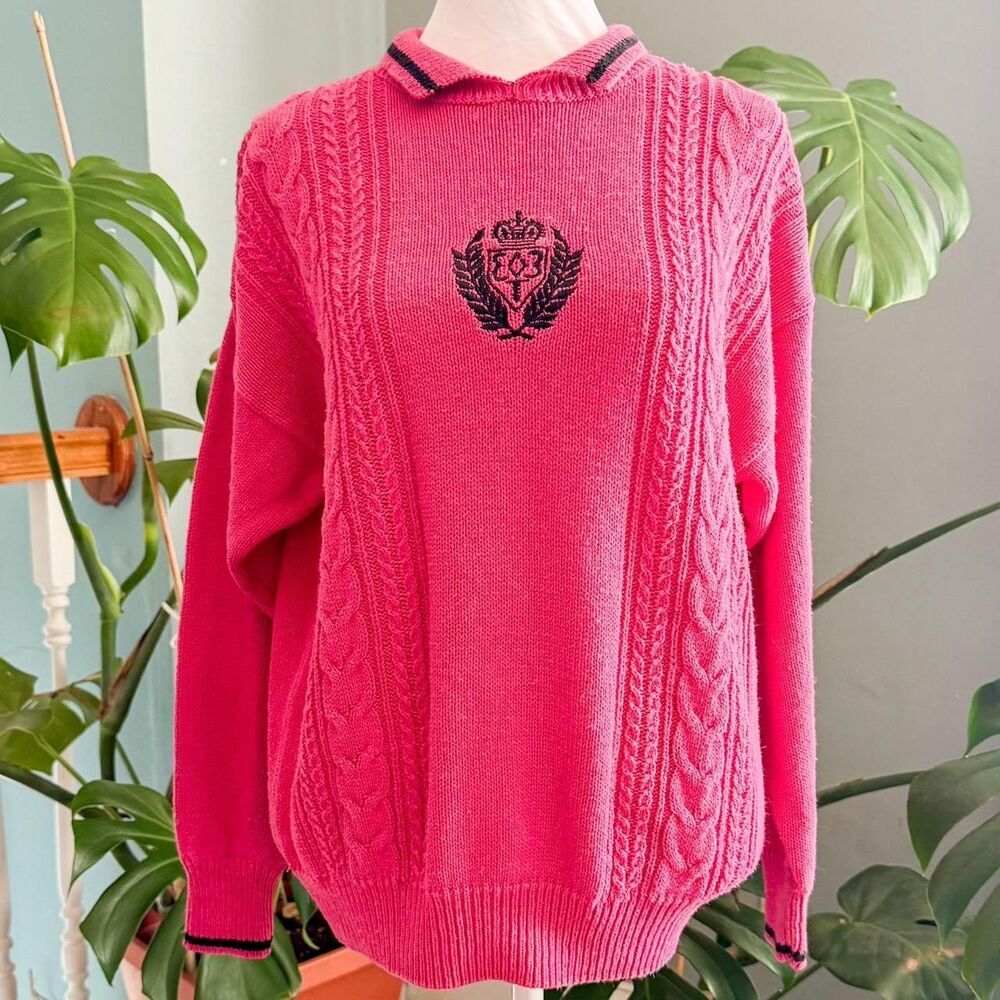 Vintage 90’s Crystal Sportswear pink cable knit sweater with embroidered logo